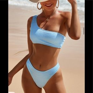 (Last 2)! YT2 style - One shoulder two piece high waist bikini swimsuit in blue.